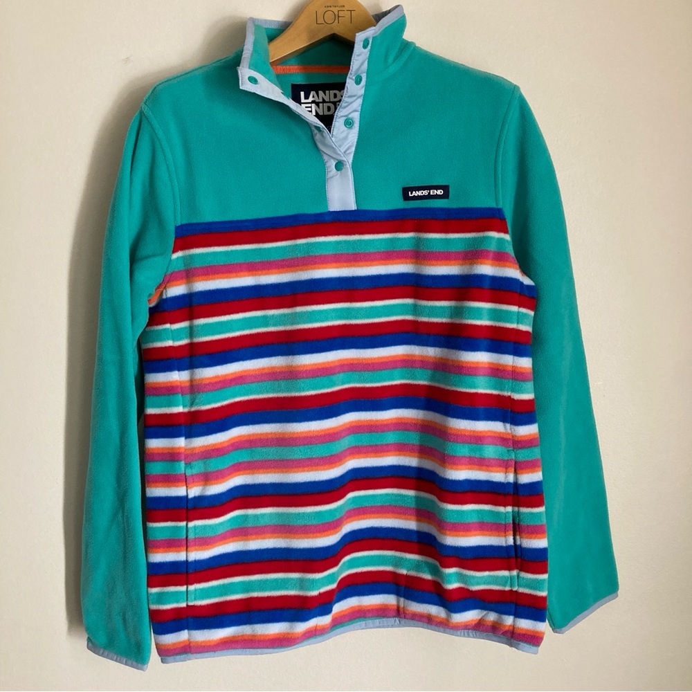 Lands' End Teal and Red Striped Fleece Women's Size Small NWT